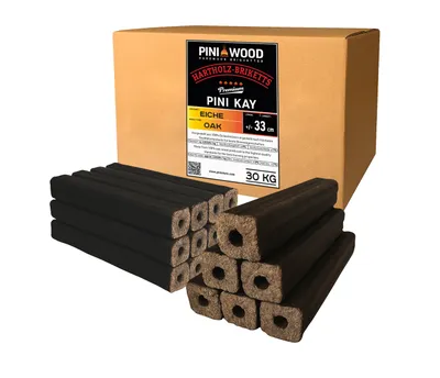 A cardboard box of wood briquettes with several briquettes stacked in front of it.