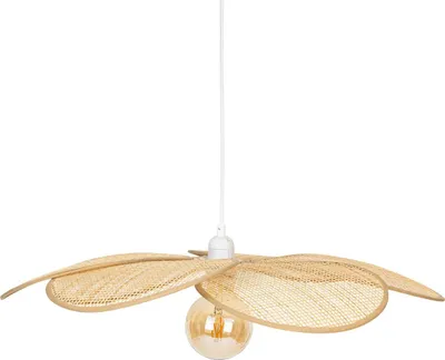 A hanging lamp with a flower-shaped shade made of woven material, with a visible light bulb.