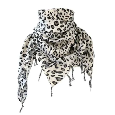 Obrázok produktu pre Dámsky šál Leo Leopard, čierno-biely s frnžami, rozmery 100x100 cm. (Môže byť tiež preložené ako: Dámsky šál s leopardím vzorom, čierno-biely, s frnžami, rozmery 100x100 cm.)