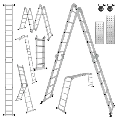 Obrázok produktu pre Peviasot Hliníková univerzálna rebrina 7v1, 4x5 schodíkov, cca 580 cm / 5,8 m, skladacia rebrina s kĺbovým mechanizmom, platformami, kolieskami a protišmykovou úpravou, maximálna nosnosť 150 kg