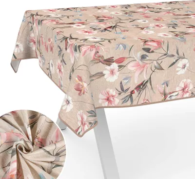 Produktbild von Tischdecke Cosmea Rosa Kolibri aus Textil mit Blumen Pflanzen wasserabweisend Tischtuch Tischwäsche Aquarell Beige Breite 140cm Länge 220cm mit Paspelband