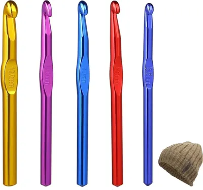 Produktbild von 5-teiliges buntes Aluminium-Häkelnadel-Set, ergonomische Griffe für Strick- und Häkelprojekte, inklusive 5 mm Häkelnadel