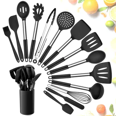 Image de Omgoods - Ensemble de 15 ustensiles de cuisine en silicone avec poignées en acier inoxydable - Ustensiles de cuisson résistants à la chaleur
