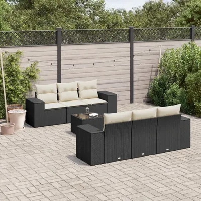 Produktbild von Design 7-tlg. Garten-Sofagarnitur mit Kissen Schwarz Poly Rattan, Gartenmöbel-Sets 2024 Neu