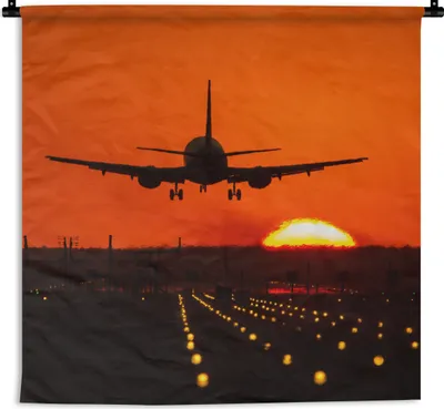 Produktbild von MuchoWow® Wandteppich Wandbehang Sonnenuntergang - Flugzeug - Orange - Sonne 60x60 cm Tapisserie Dekoration Wandtuch - Dekorationen - Wand Decke