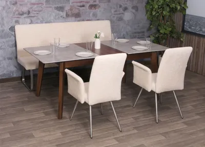 Produktbild von Esszimmer-Set HWC-G55, 2er-Set Stuhl mit Armlehne+Sitzbank 180cm, Edelstahl gebürstet Stoff/Textil Chenille  creme