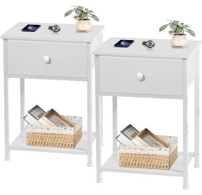 Image de Ensemble de tables de chevet - Tables d'appoint - Rangement pour salon - Avec tiroir et étagère - Ensemble de 2 - Blanc
