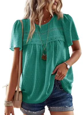 Productafbeelding van TUUHAW Tuniek voor dames, grote maten, zomer, boho-stijl, blouse met korte mouwen, turquoise, maat 4XL