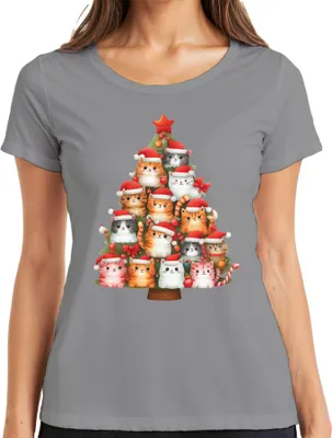 Produktbild von Katzen Weihnachtsbaum Katzenbesitzer - Weihnachten Weihnachtsgeschenk Christmas Damen T-Shirt, Grau, L