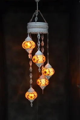 Zdjęcie produktu dla Lampa wisząca wielokolorowa brązowa mozaika szklana 5 kul turecka orientalna kremowo-biała marokańska lampa sufitowa