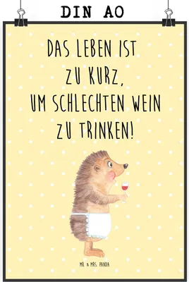 Produktbild von Mr. & Mrs. Panda Bild Igel Wein DIN A0 - Gelb Pastell - Geschenk, wanddeko, Lustige Sprüche, Wanddekoration, Kunstdruck, Spruch, Weißwein, Plakat, Weintrinker, Wandbild
