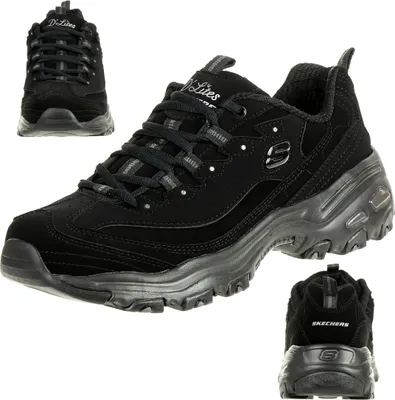 A collage of three views of a black Skechers D'Lites sneaker.