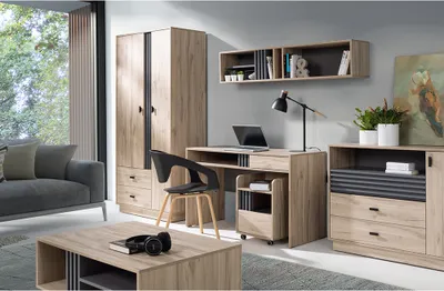 Produktbild von Jugendzimmer-Set mit Kleiderschrank, Schreibtisch &Kommode in Eiche Nb., modern 6-teilig ANTIGUA-133