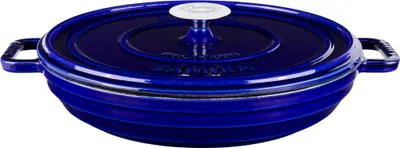A blue cast iron pot with a white lid knob, isolated on a white background.