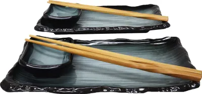 Immagine prodotto di Set di 8 pezzi per sushi per 2 persone blu/nero - Piatto per sushi con 2 piatti per sushi, 2 ciotoline per salsa, bacchette