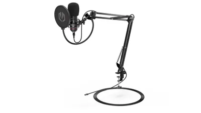 A black microphone with a pop filter and a boom arm stand is shown against a white background.
