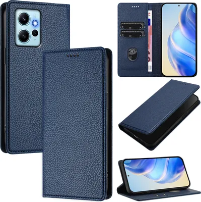Produktbild von Litchi Leder Handyhülle für Xiaomi Redmi Note 12 4G Wallet Kartenfächer Standfunktion Hülle Blau