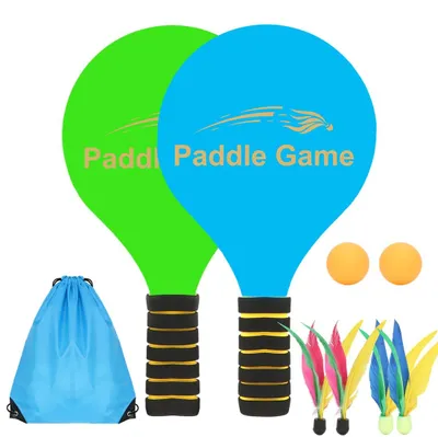 Imagen del producto de Juego de voleibol de playa con 2 raquetas (verde y azul), 4 plumas, 2 pelotas, ideal para el verano