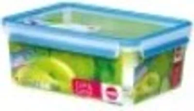 A rectangular food storage container with a blue lid and a colorful label depicting green apples.