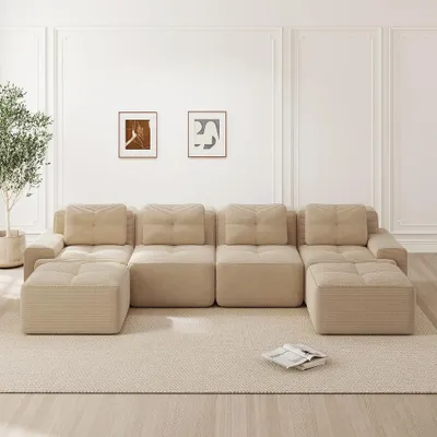 Produktbild von Modulares Sofa U Form, Cord Sofa 4 Sitzer Beige, Cloud Sofa mit 74cm Tiefsitz und Breiten Armlehnen, Kratzfest & Montagefrei