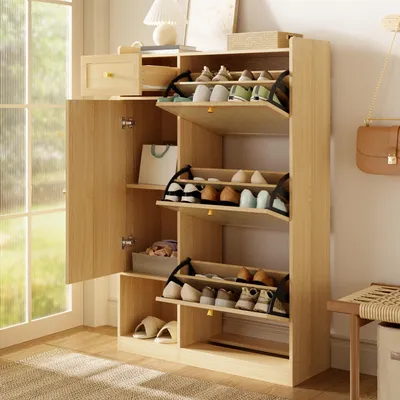 Produktbild von okwish Schmaler Schuhschrank mit Schublade und Klappen, Rattan-Eingangsschrank mit offener Stauraum,für kleine Wohnungen,Natur