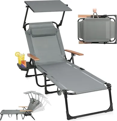 Produktbild von Sonnenliege klappbar mit Dach & 4-Fach Verstellbare Rückenlehne, Gartenliege mit Kopfkissen bis 150 kg, Tragbar Strandliege Liegestuhl, Campingliege für Pool, Strand (Grau mit Dach)