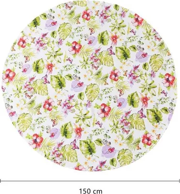 Produktbild von Famanu Rundtischdecke 150 cm - Wasserabweisend mit roten Blumen und tropischen Pflanzen