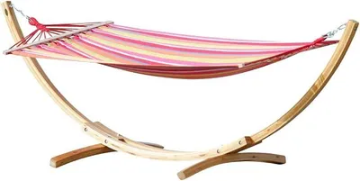 Produktbild von 320cm Hängemattengestell Blanca-Alicia Hängematte mit Gestell aus Holz Lärche Natur mit bunter Stabhängematte | Hängematte mit Gestell, bunte Stabhängematte, Blanca-Alicia