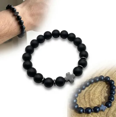 Image de BRACELET pour homme NOIR avec perles ET CROIX sur élastique chapelet