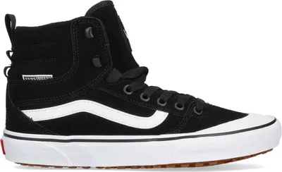 A studio shot of a single black high-top sneaker.