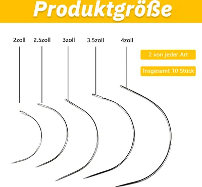 Produktbild von 10 Stück gebogene Nadeln Set, gebogene Nadeln, dünne Nadel, Polsternadel, runde Ledersattlernadel, Perücken-C-gebogene Nadeln, Ledernähnadel für Lederprojekte, Teppich oder Leinwand