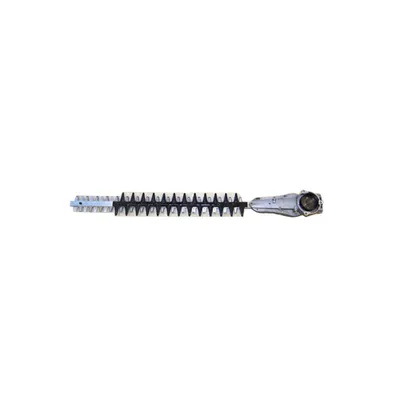 A close-up, isolated shot of a hedge trimmer blade assembly with a gearbox attachment.