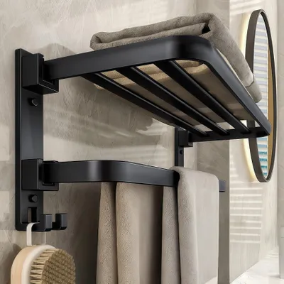 Obrázek produktu pro Omgoods - Černý držák na ručníky s háčky, určený k montáži na zeď - 58 cm