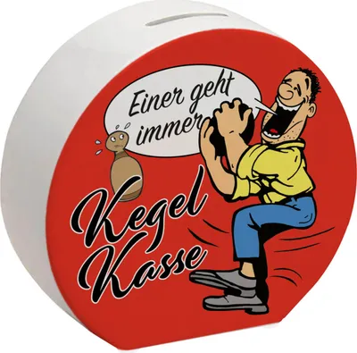 Produktbild von Kegelkasse Spardose Einer geht immer in rot mit lustigem Kegelspieler Motiv