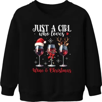 Produktbild von Just A Girl Who Loves Wine & Christmas - Weihnachten Weihnachtsgeschenk Christmas Uni Kinder Weihnachtspullover, Schwarz, 152