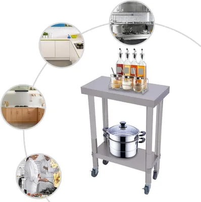 Immagine prodotto di Piano di lavoro per cucina in acciaio inox - Tavolo di preparazione a 2 livelli - Acciaio inox 201 - Ripiano regolabile - Portata 300 kg - 60×30×85 cm - Lucido