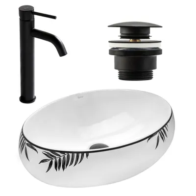 Produktbild von Rea Set von Aufsatzwaschbecken Shila + Waschbeckenarmatur Lungo Black Matt + Stöpsel Black Matt