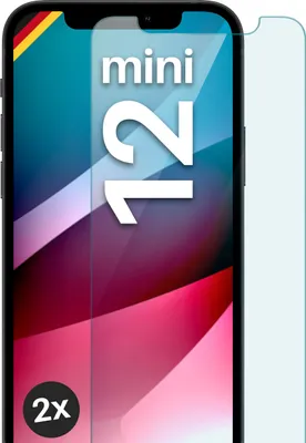 A screen protector for an iPhone 12 mini is shown with text and graphics.