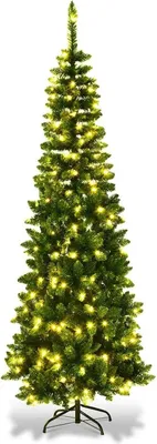 Image de Sapin de Noël artificiel 225 cm - Forme élancée - Lumières LED blanc chaud - Système pliable - Support métallique