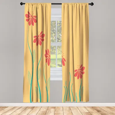 Produktbild von ABAKUHAUS Blume Vorhänge 2 Panel Set für Wohnzimmer Schlafzimmer Nachbildung, Blumenblütenblätter Mit Gestreiften Blättern Und Linien Modern Style Geometrischen Entwurfs Druck, 150 cm x 175 cm, Mustard Coral