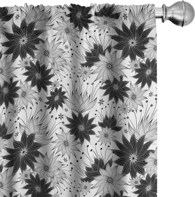 Image de ABAKUHAUS Rideaux noirs et blancs, voilages, fleurs vintage avec pétales épanouis, motif botanique décoratif, 2 pièces 75 x 175 cm, noir et blanc