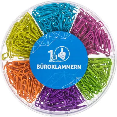 Produktbild von DynaTech Büroklammer 2,8 cm, 480er Box sortiert in grün, blau, lila, pink, orange, gelb