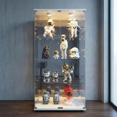 Produktbild von INONEFT Glasvitrine mit Doppeltüren, Standvitrine mit 4 Ablagen und LED, Vitrinenschrank für Sammlerstücke, Spiegelrückwand, Weiß, 80.5x36.5x164CM