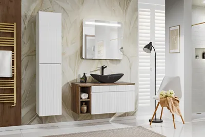 Zdjęcie produktu dla Szafka Łazienkowa 100 Cm Z Umywalką Nablatową I Lustrem Led