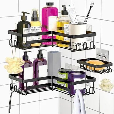 Produktbild von PolkaHome® 3er Set Eck-Duschregal mit Haken und Seifenschale, selbstklebend, ohne Bohren, Wandregal für Bad und Küche, Organizer für