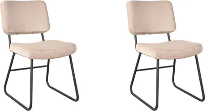 Two beige chairs with black metal frames are shown against a white background.