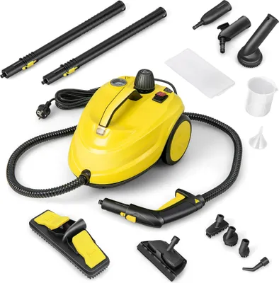 A yellow steam cleaner with various attachments arranged around it on a white background.