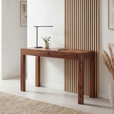 Produktbild von FineBuy Schreibtisch 118x40x76 cm Sheesham Massivholz Computertisch mit Schublade Homeoffice Bürotisch Massiv Schmal Platzsparend Holztisch