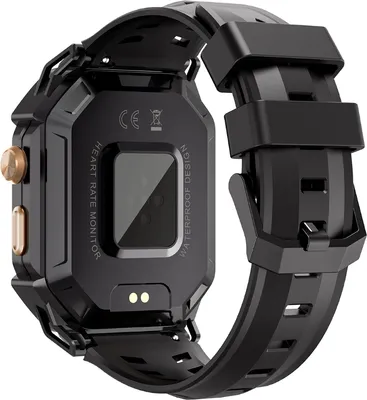 The back view of a black smartwatch with a black strap.