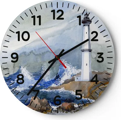 Produktbild von Wanduhr - Rund - Glasuhr - Leuchtturm Wasser Illustration Welle - 30x30cm - Schleichendes Uhrwerk - Lautlos - zum Aufhängen bereit - Dekoration Modern - Wanddekoration aus Glas - C4AR30x30-2997